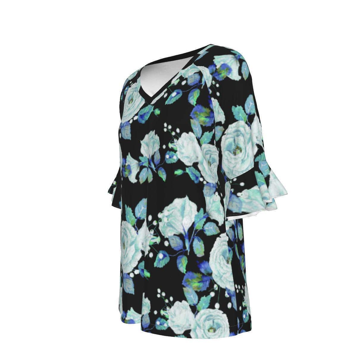 All-Over Print V-neck Women's T-shirt With Bell Sleeve