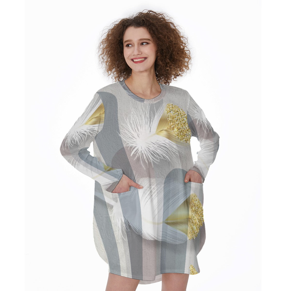 All-Over Print Women's Casual Loose Long Sleeve Dress With Pocket