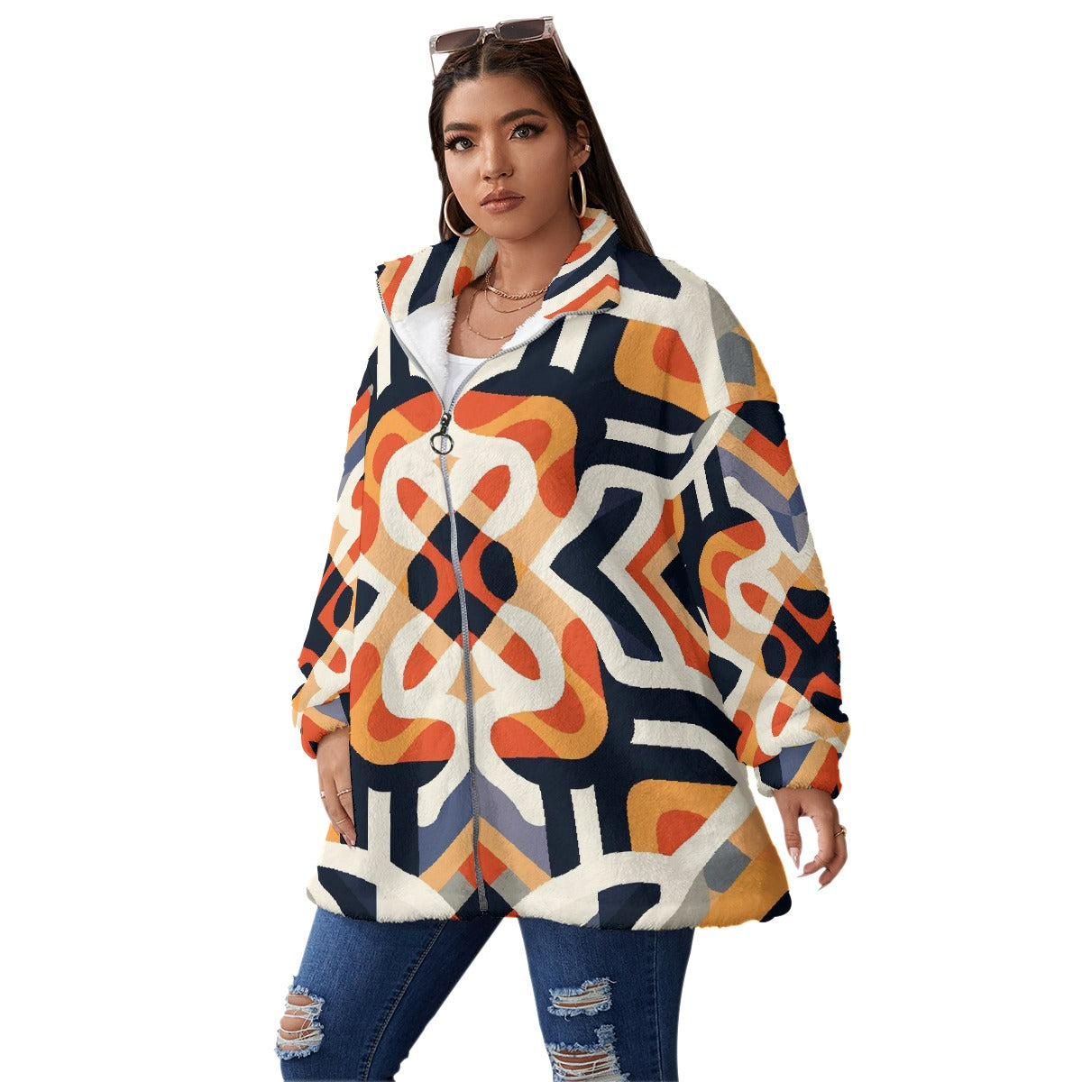 All-Over Print Unisex Borg Fleece Stand-up Collar Coat With Zipper Closure(Plus Size)