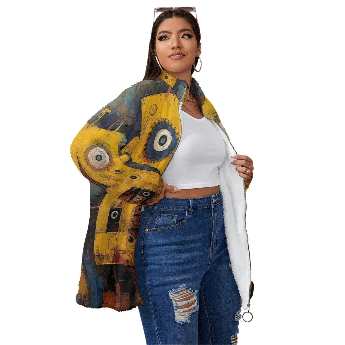 All-Over Print Unisex Borg Fleece Stand-up Collar Coat With Zipper Closure(Plus Size)