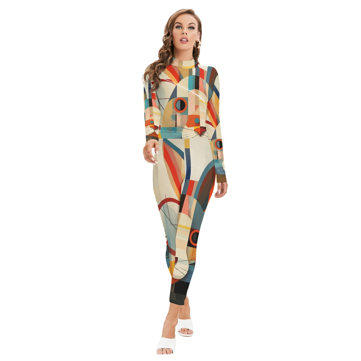 All-Over Print Women's Long-sleeved High-neck Jumpsuit With Zipper