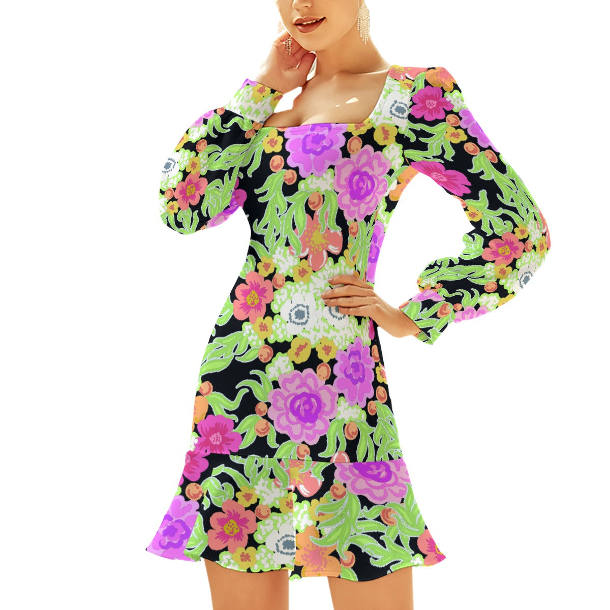 All-Over Print Women's Ruffle Hem Skinny Dress