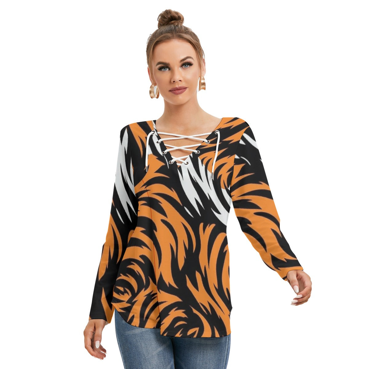 All-Over Print Women's Long Sleeve Neckline Tie Sweatshirt