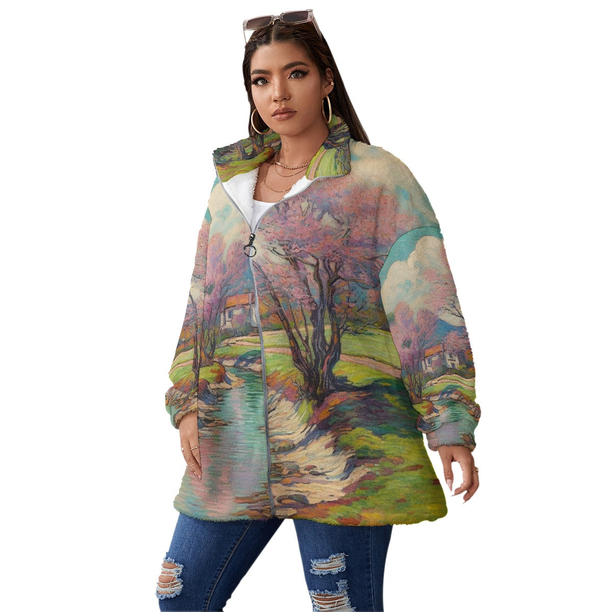 All-Over Print Unisex Borg Fleece Stand-up Collar Coat With Zipper Closure(Plus Size)