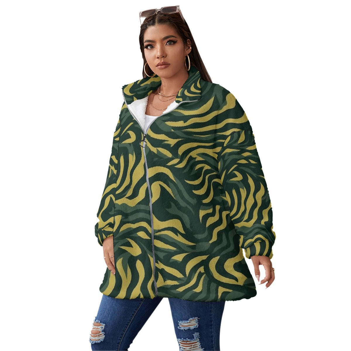 All-Over Print Unisex Borg Fleece Stand-up Collar Coat With Zipper Closure(Plus Size)