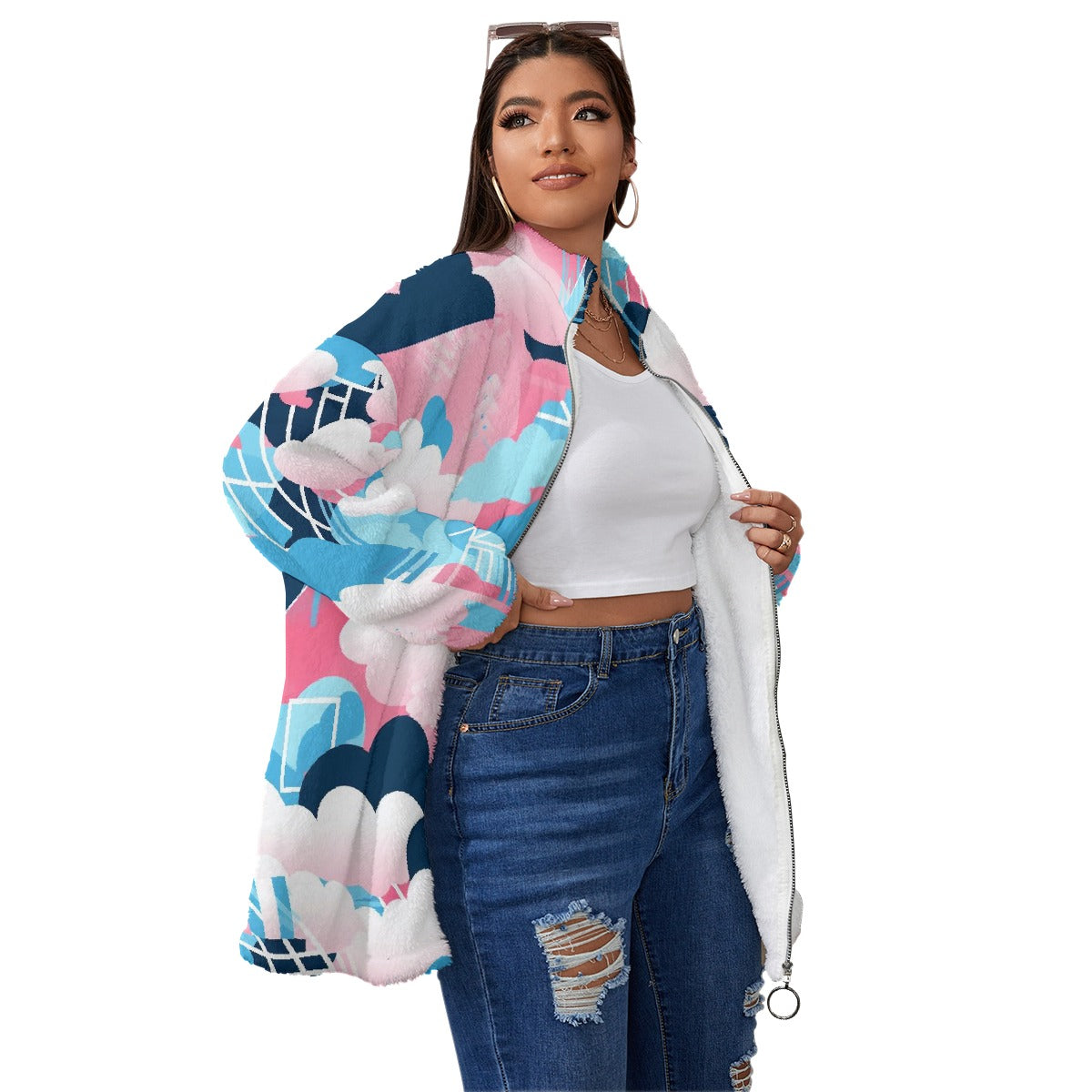 All-Over Print Unisex Borg Fleece Stand-up Collar Coat With Zipper Closure(Plus Size)