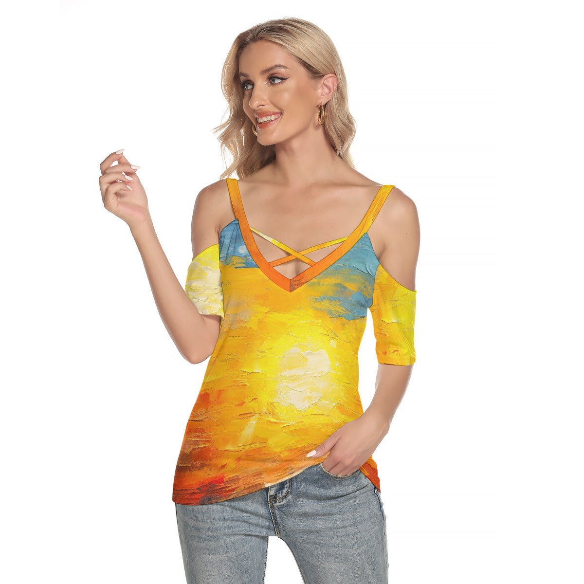 All-Over Print Women's Cold Shoulder T-shirt With Criss Cross Strips