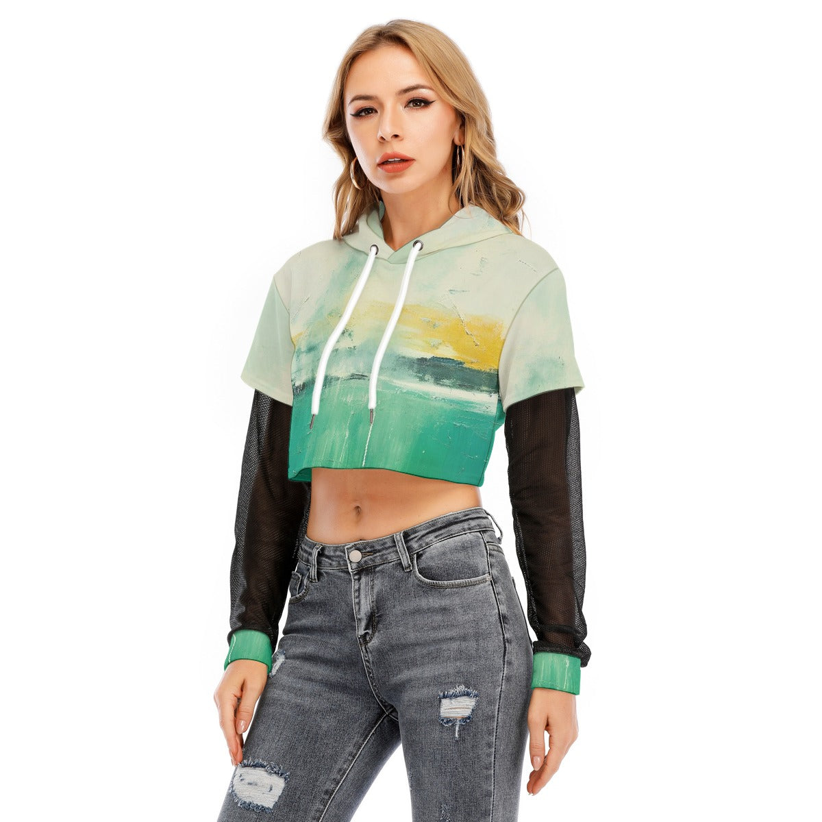 All-Over Print Women's Fake Two-piece Mesh Sleeve Cropped Hoodie