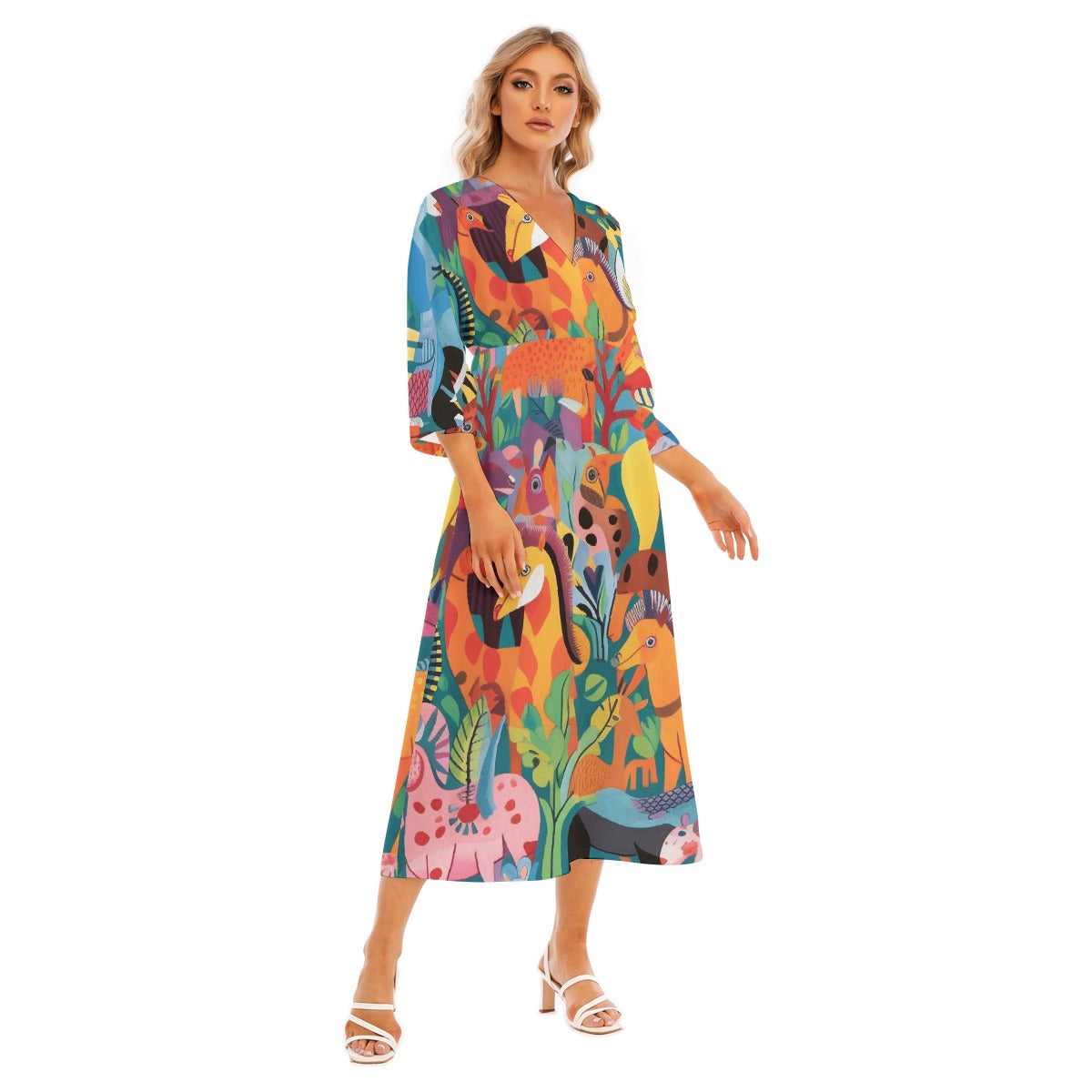 All-Over Print Women's Mid-Sleeve Long Dress