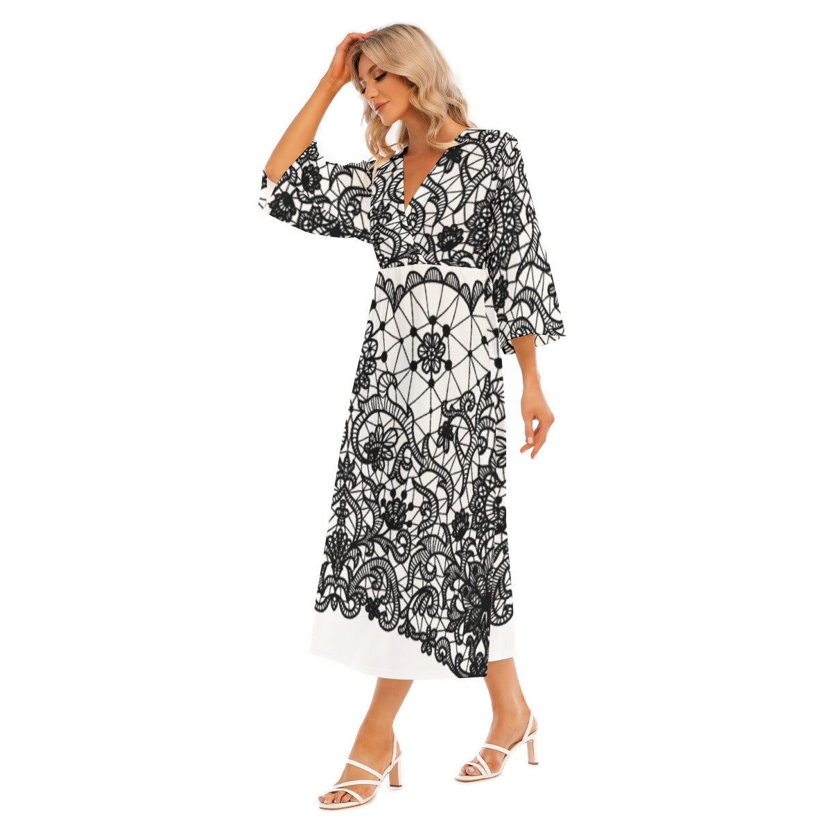 All-Over Print Women's Mid-Sleeve Long Dress