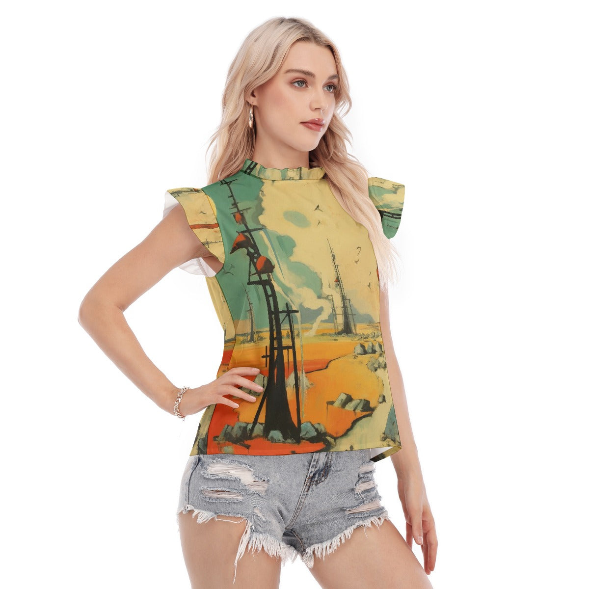 All-Over Print Women's Blouse With Ruffle Collar And Sleeve