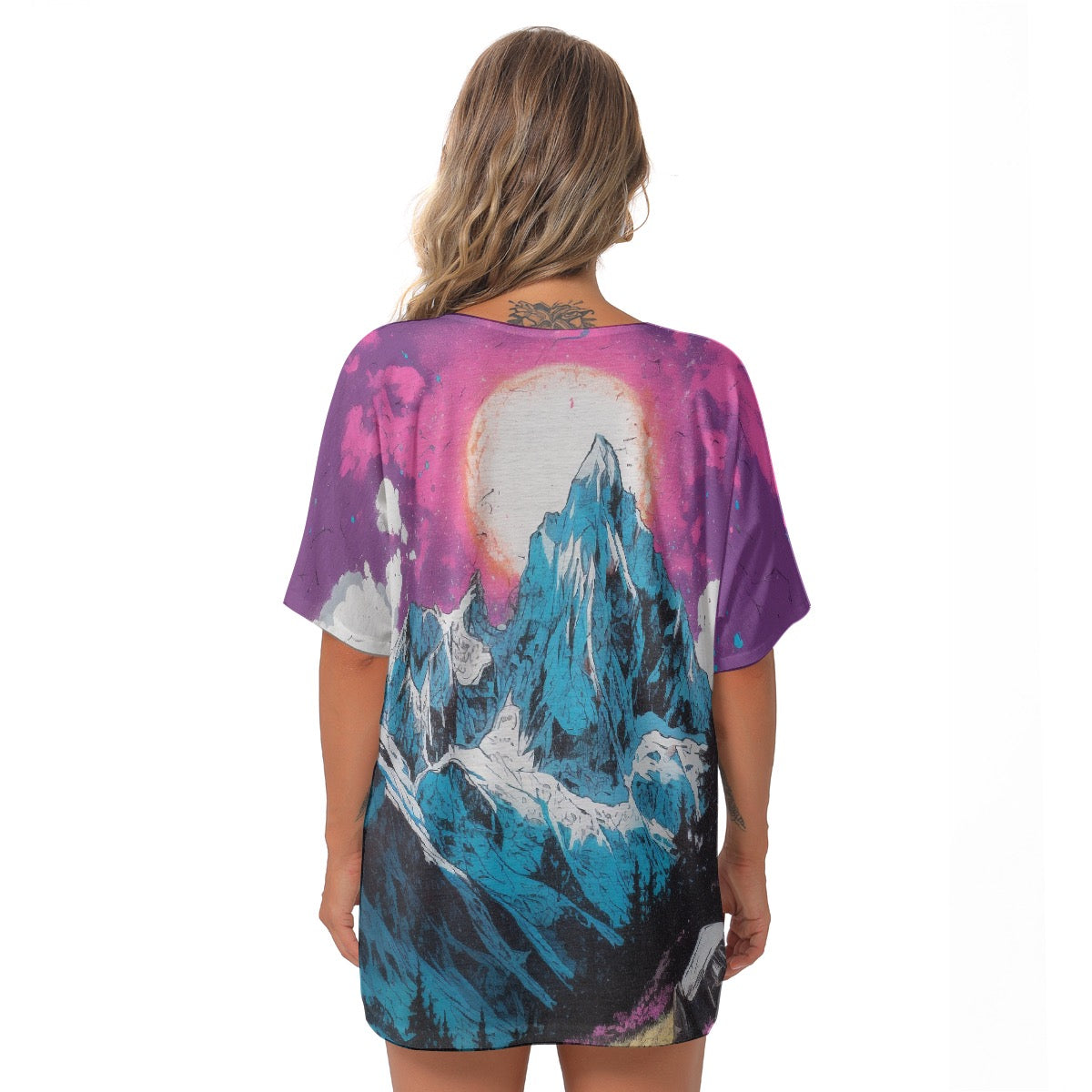 All-Over Print Women's Bat Sleeves V-Neck Blouse