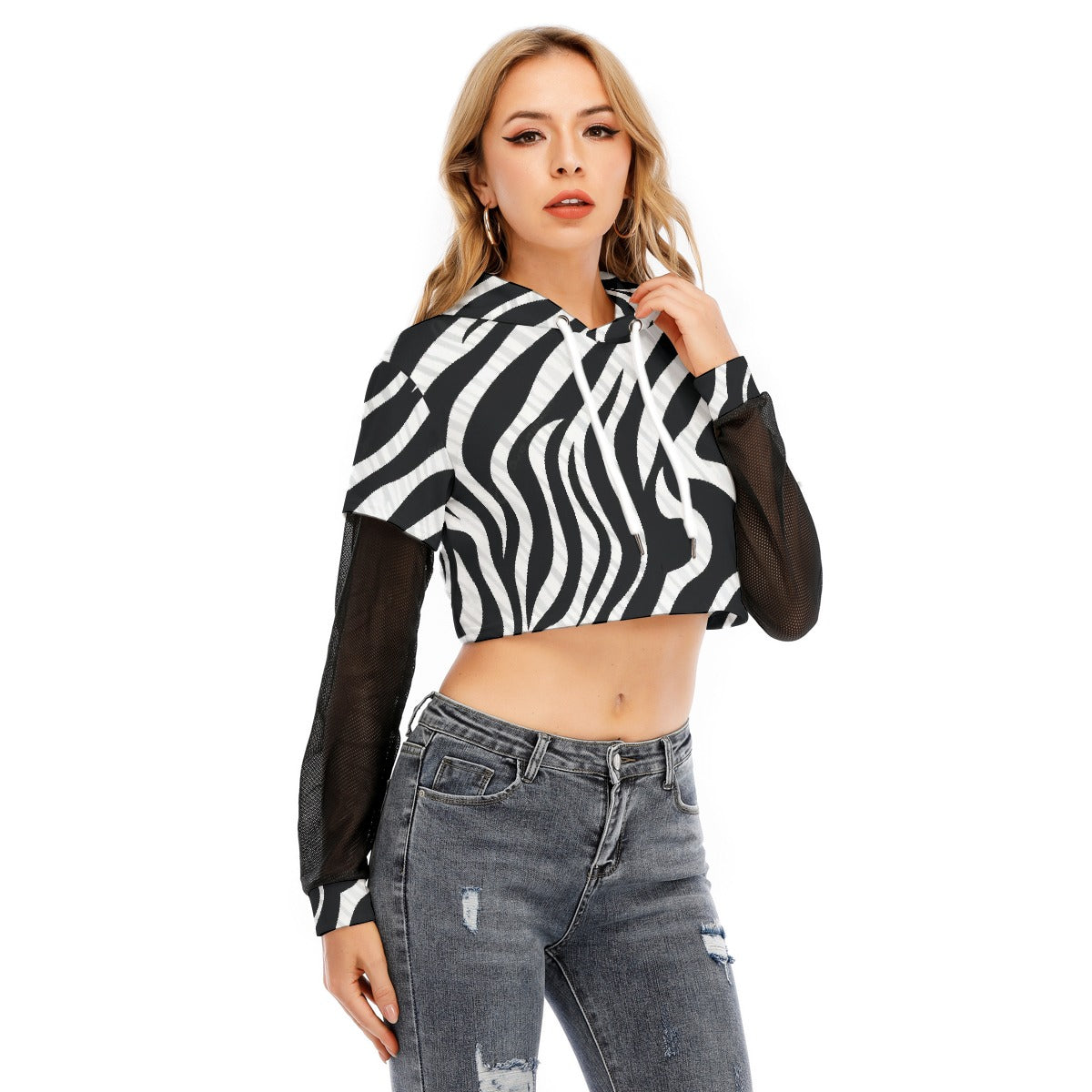 All-Over Print Women's Fake Two-piece Mesh Sleeve Cropped Hoodie