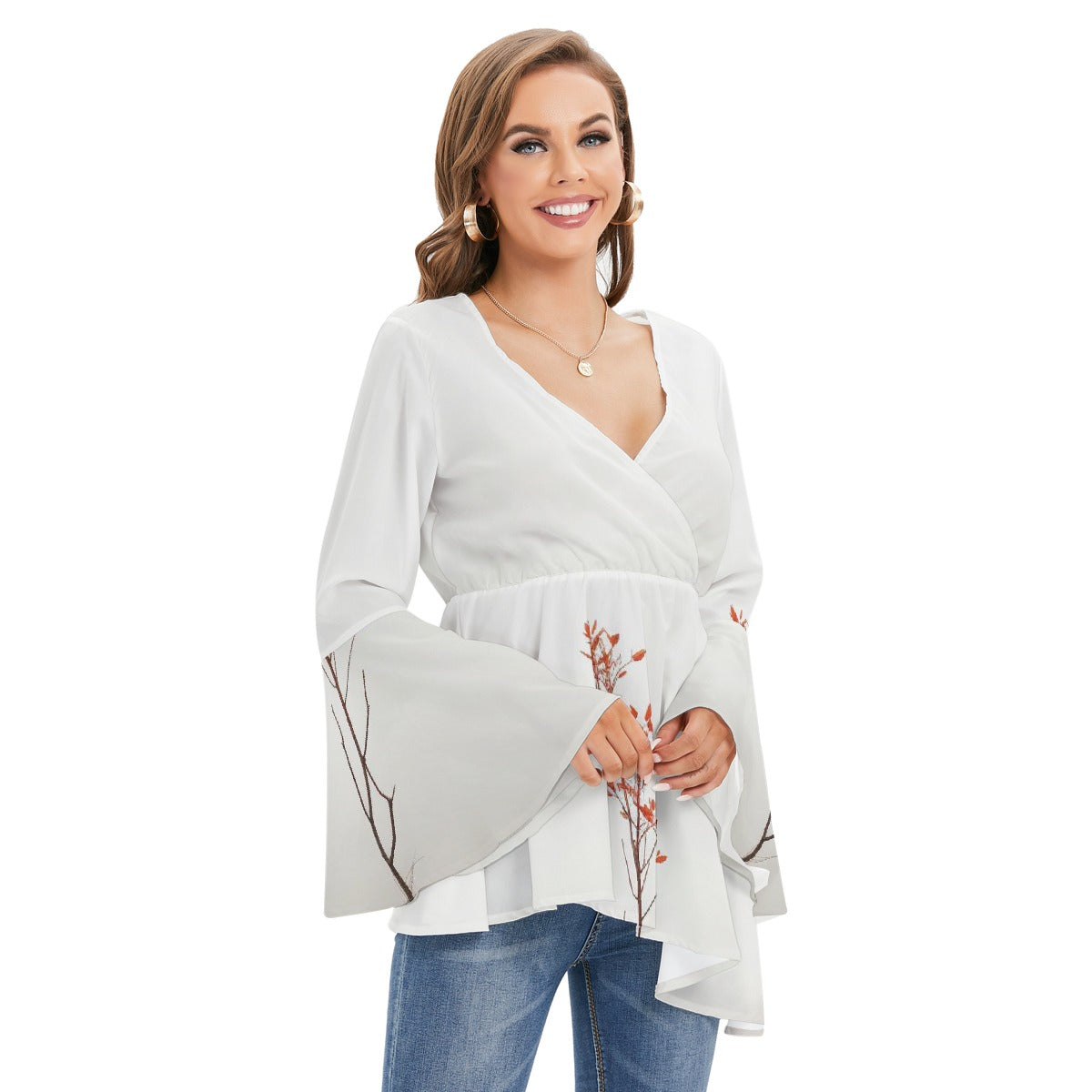 All-Over Print Women's V-neck Blouse With Flared Sleeves
