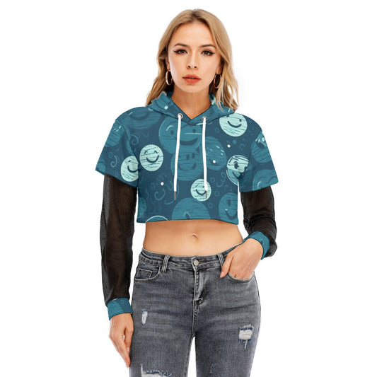 All-Over Print Women's Fake Two-piece Mesh Sleeve Cropped Hoodie