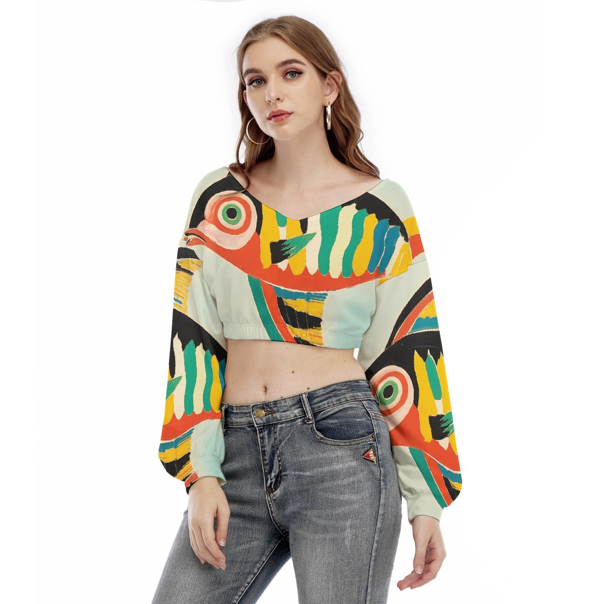 All-Over Print Women's V-neck Long Sleeve Cropped Sweatshirt