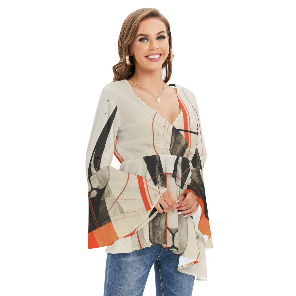 All-Over Print Women's V-neck Blouse With Flared Sleeves