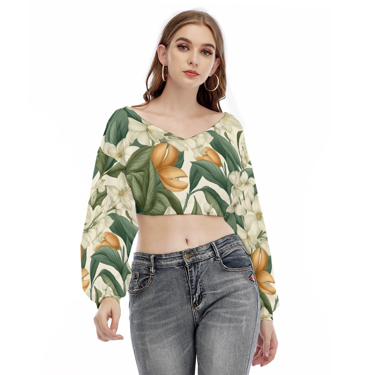 All-Over Print Women's V-neck Long Sleeve Cropped Sweatshirt