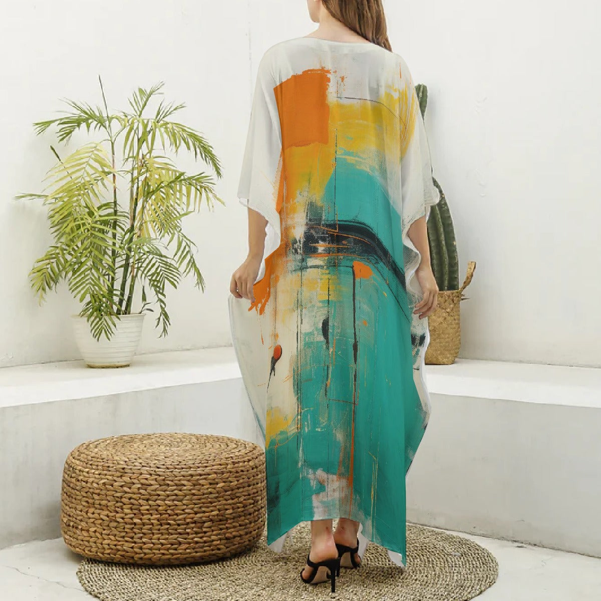 All-Over Print Women's Imitation Silk V-neck Kaftan Robe