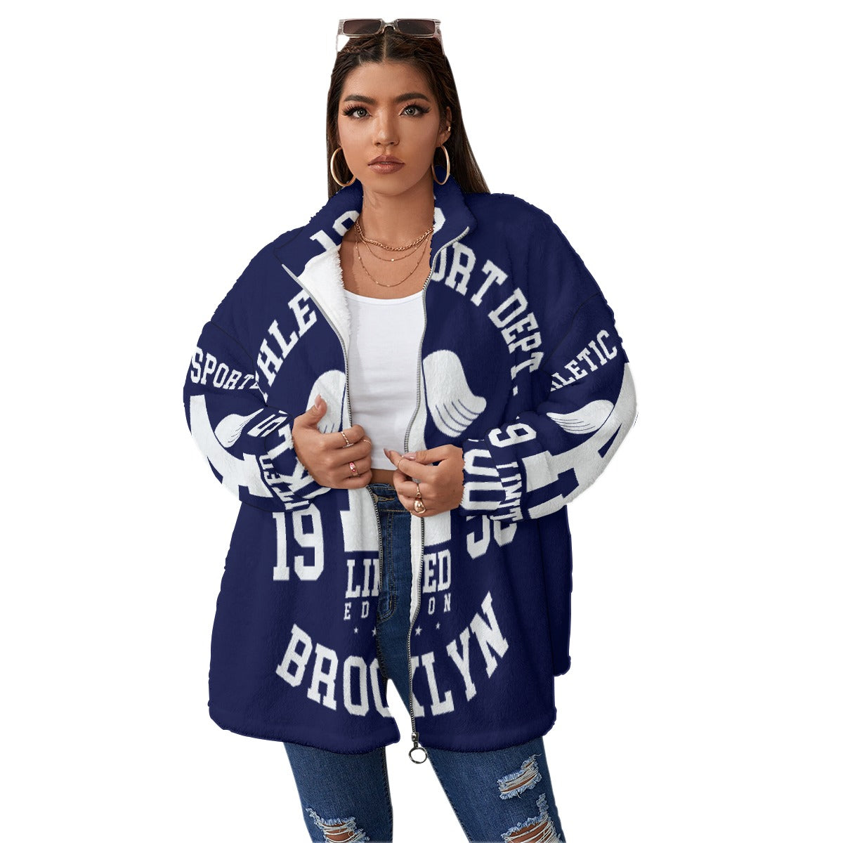 All-Over Print Unisex Borg Fleece Stand-up Collar Coat With Zipper Closure(Plus Size)