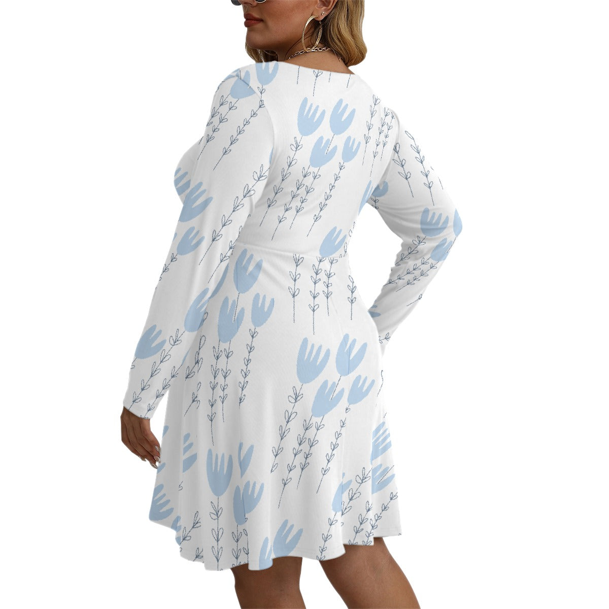 All-Over Print Women's V-neck Long Sleeve Dress(Plus Size)