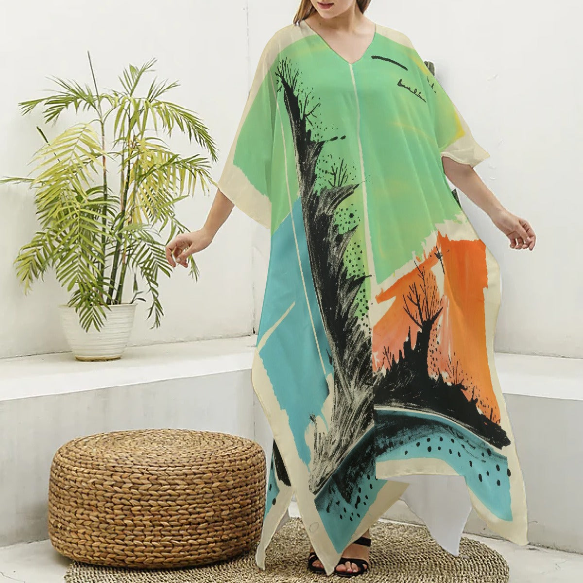 All-Over Print Women's Imitation Silk V-neck Kaftan Robe