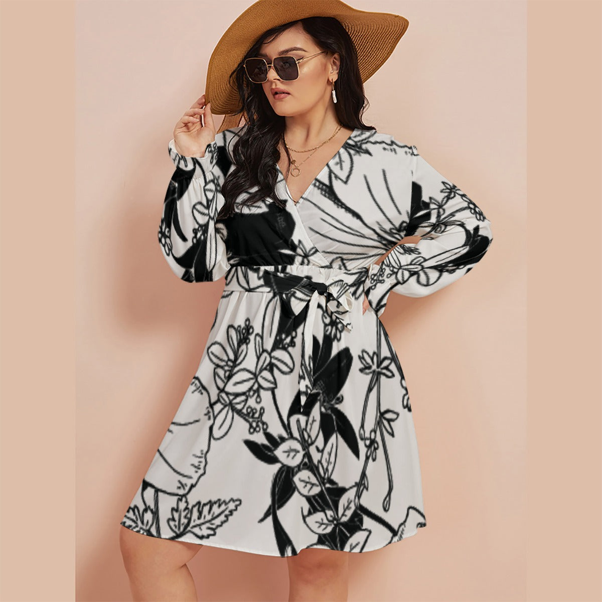 All-Over Print Women's V-neck Dress With Waistband(Plus Size)