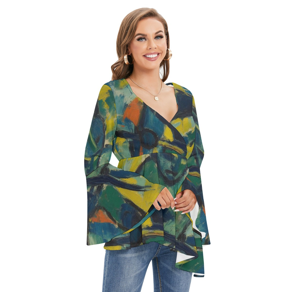 All-Over Print Women's V-neck Blouse With Flared Sleeves