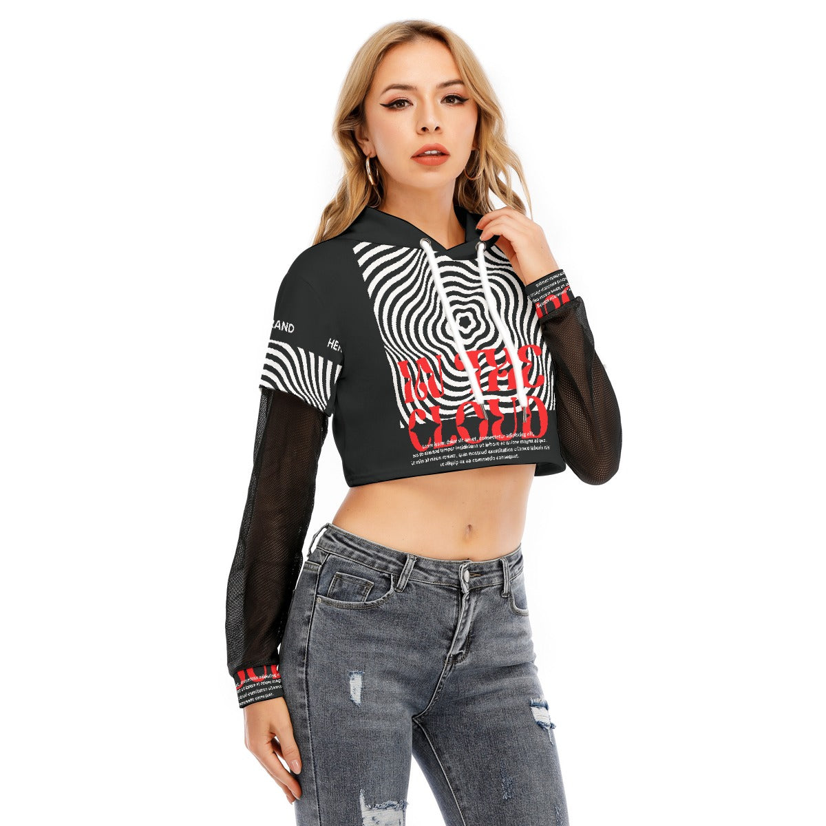 All-Over Print Women's Fake Two-piece Mesh Sleeve Cropped Hoodie