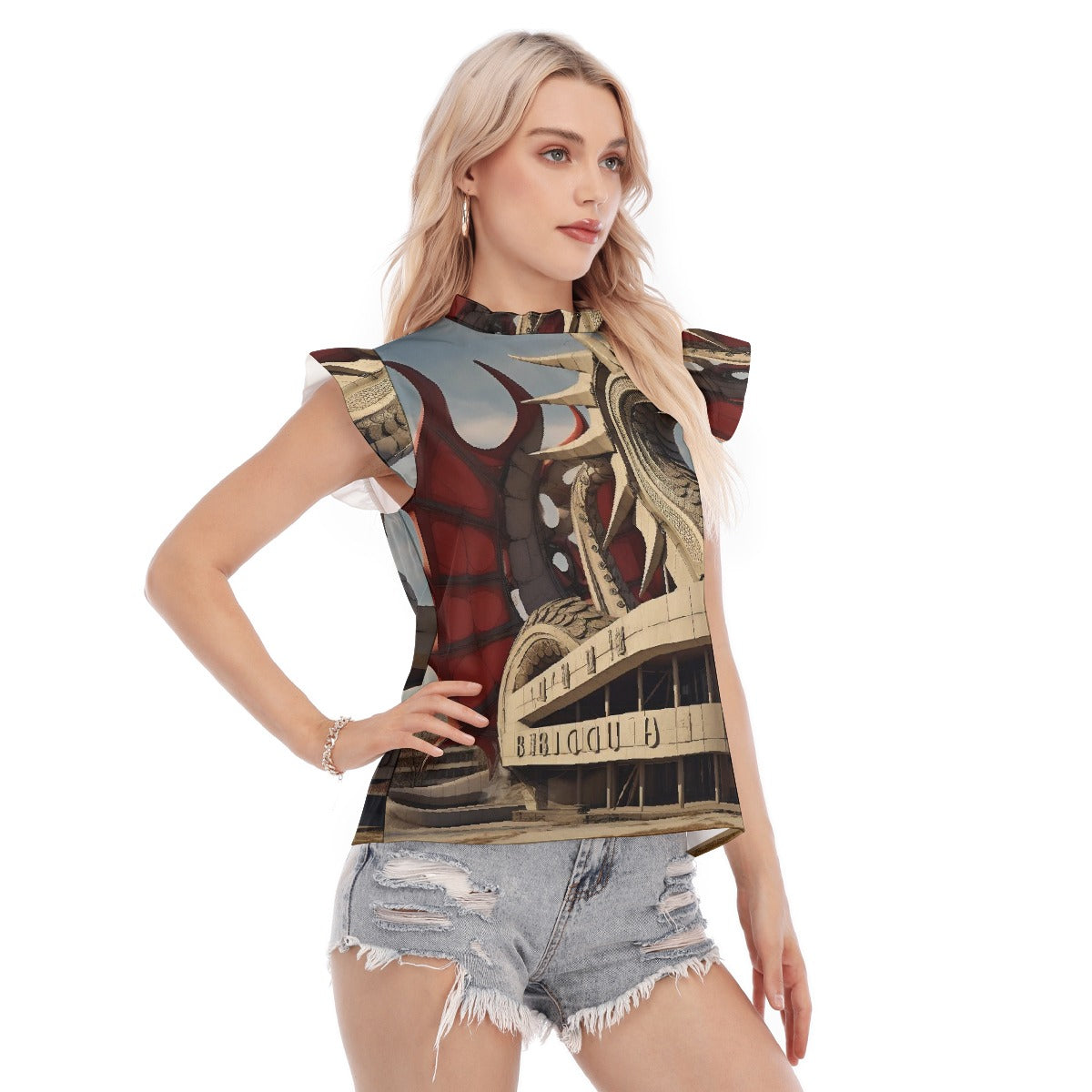 All-Over Print Women's Blouse With Ruffle Collar And Sleeve