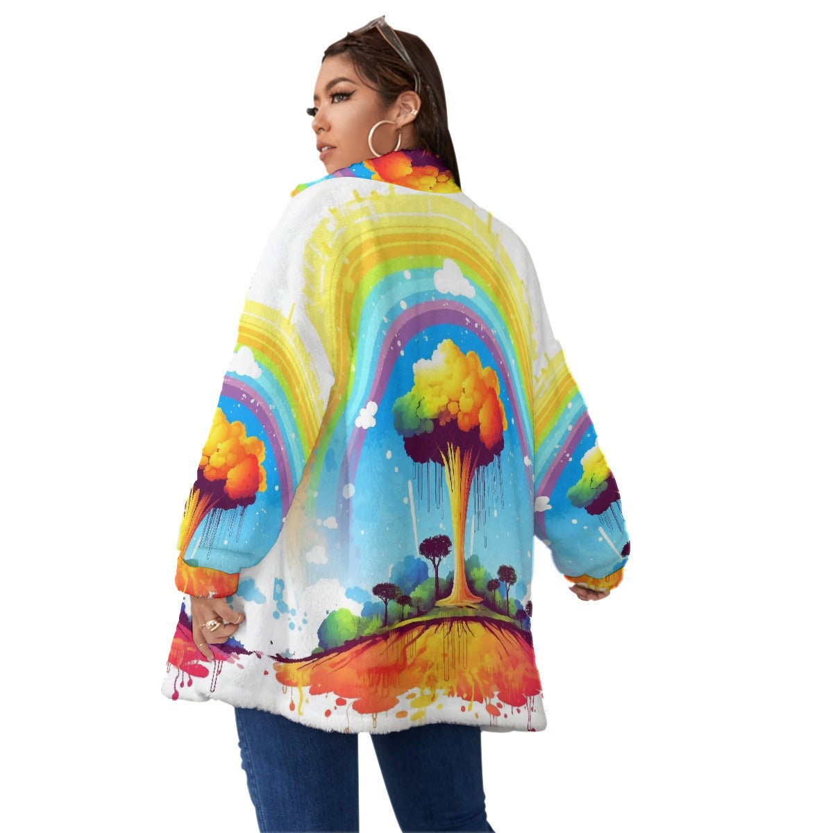 All-Over Print Unisex Borg Fleece Stand-up Collar Coat With Zipper Closure(Plus Size)