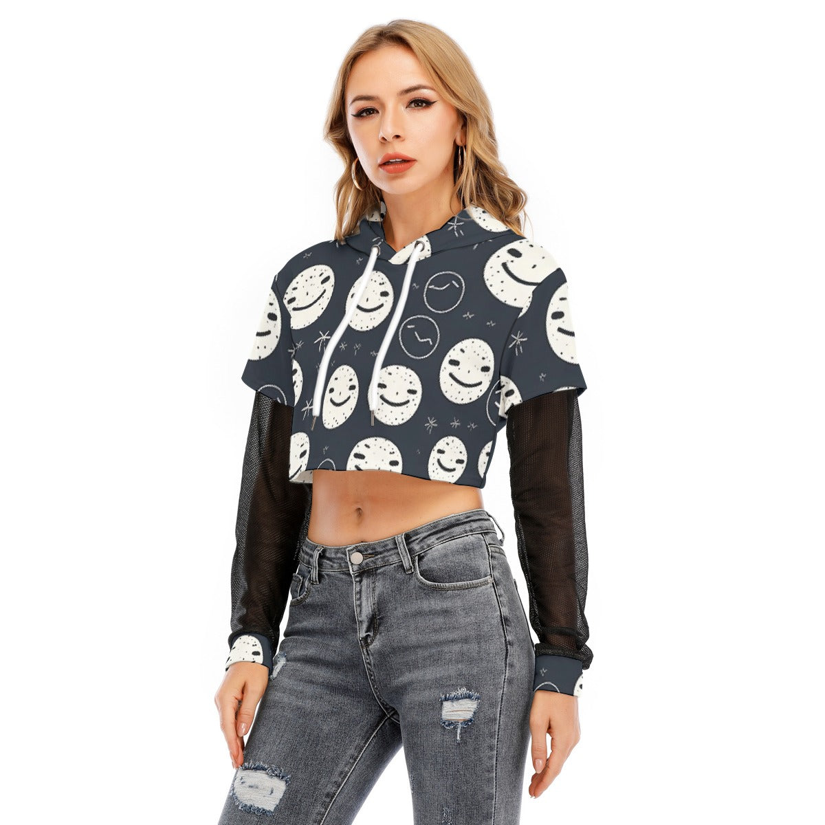 All-Over Print Women's Fake Two-piece Mesh Sleeve Cropped Hoodie