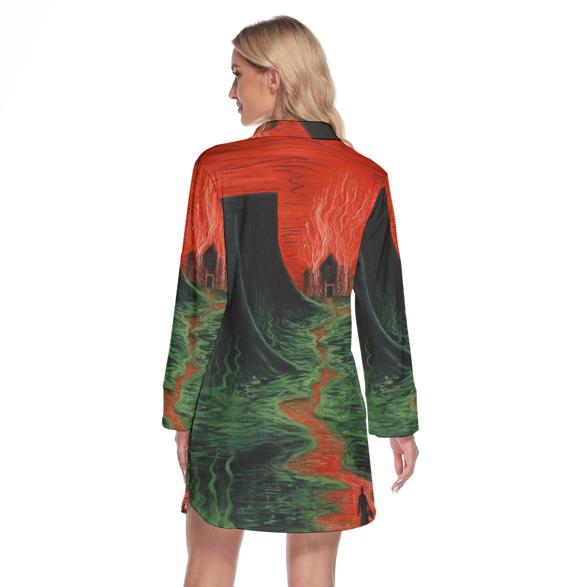 All-Over Print Women's Lapel Shirt Dress With Long Sleeve