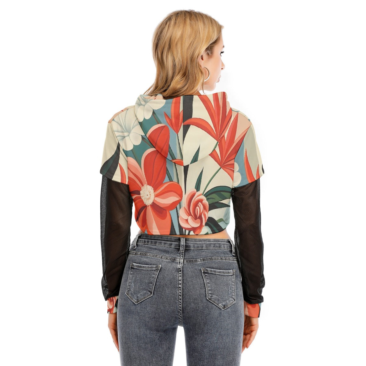 All-Over Print Women's Fake Two-piece Mesh Sleeve Cropped Hoodie