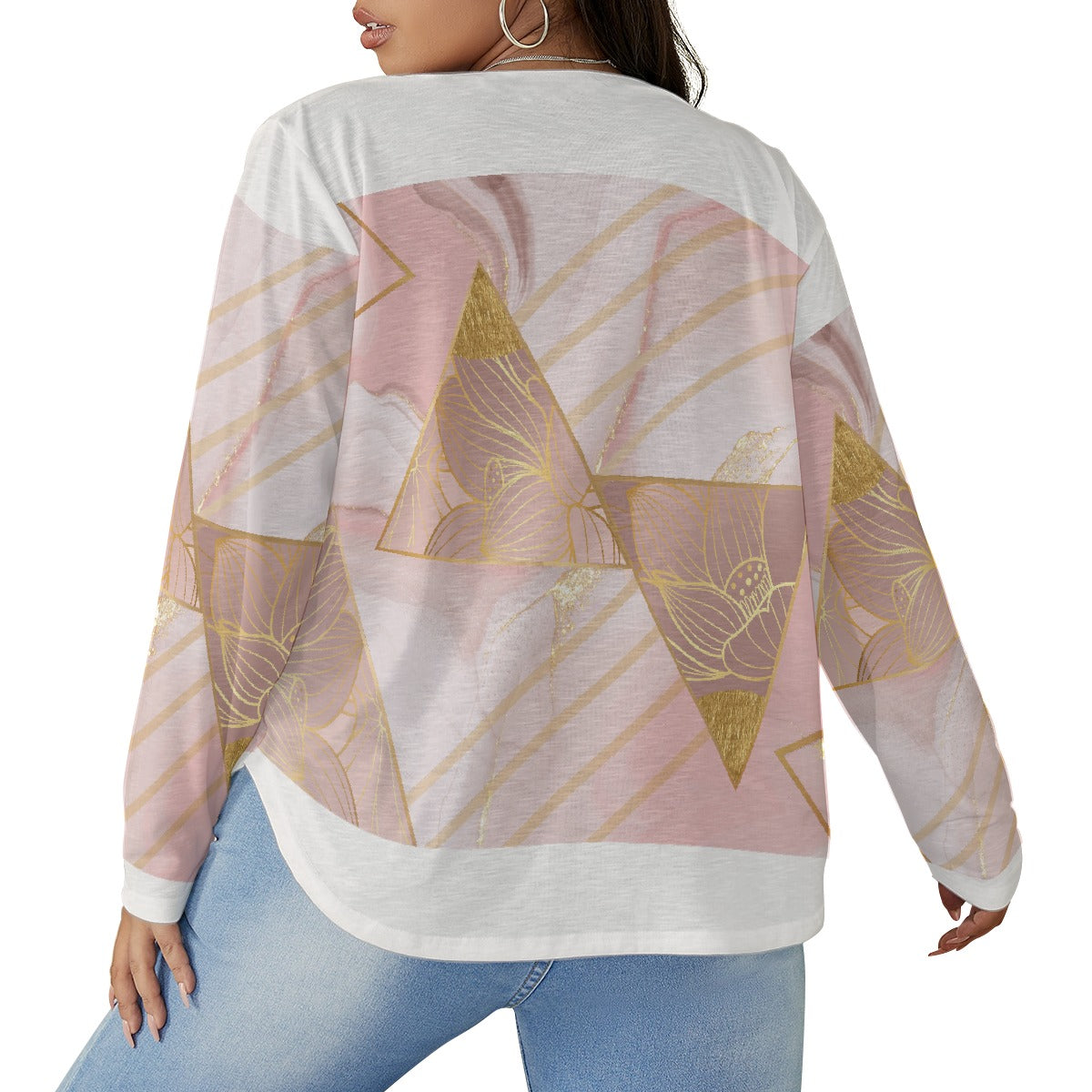 All-Over Print Women's V-neck T-shirt With Curved Hem(Plus Size)