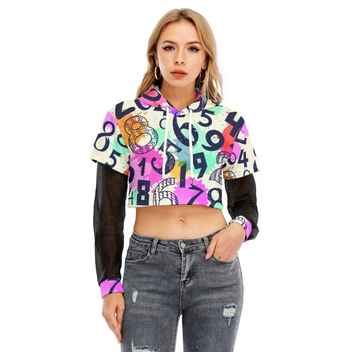 All-Over Print Women's Fake Two-piece Mesh Sleeve Cropped Hoodie