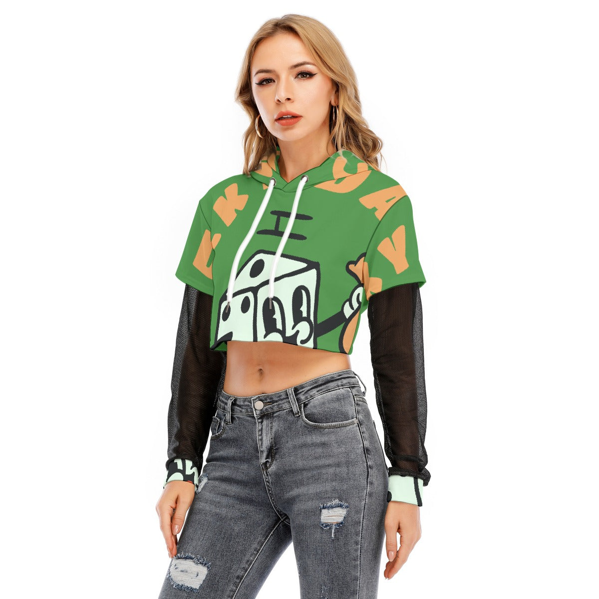 All-Over Print Women's Fake Two-piece Mesh Sleeve Cropped Hoodie