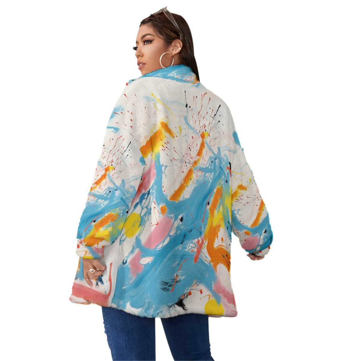 All-Over Print Unisex Borg Fleece Stand-up Collar Coat With Zipper Closure(Plus Size)