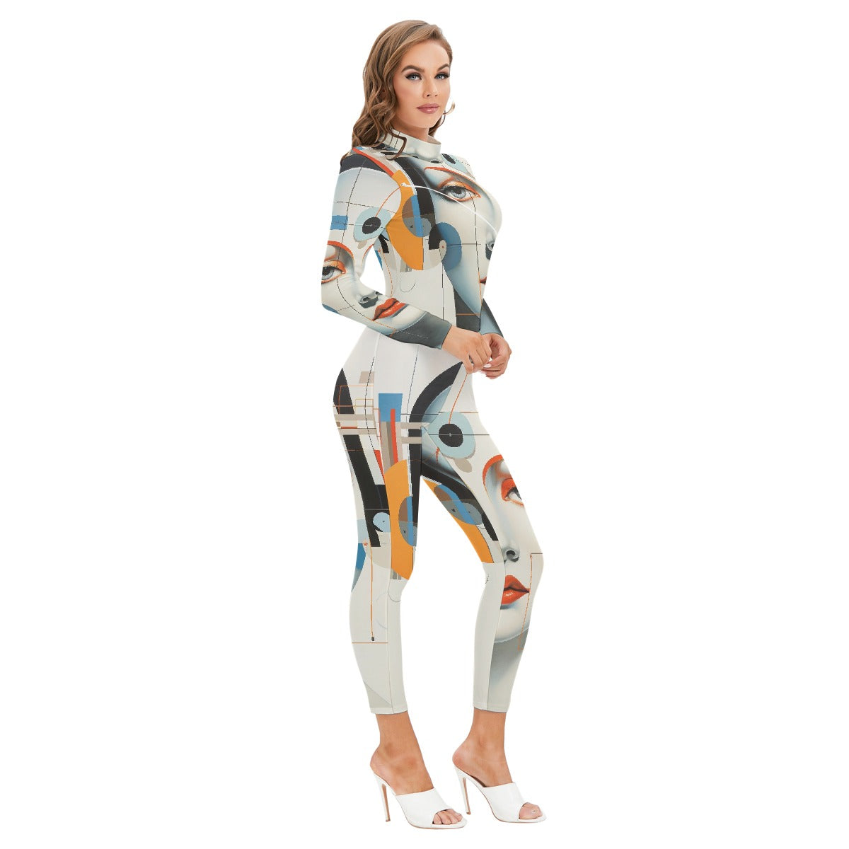 All-Over Print Women's Long-sleeved High-neck Jumpsuit With Zipper