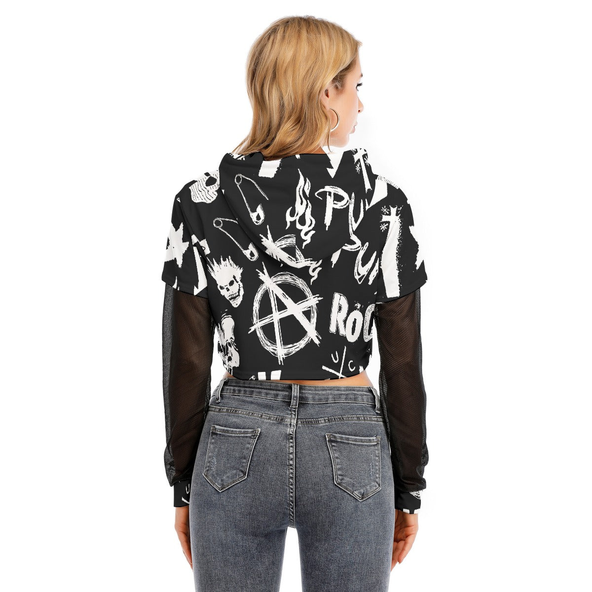 All-Over Print Women's Fake Two-piece Mesh Sleeve Cropped Hoodie