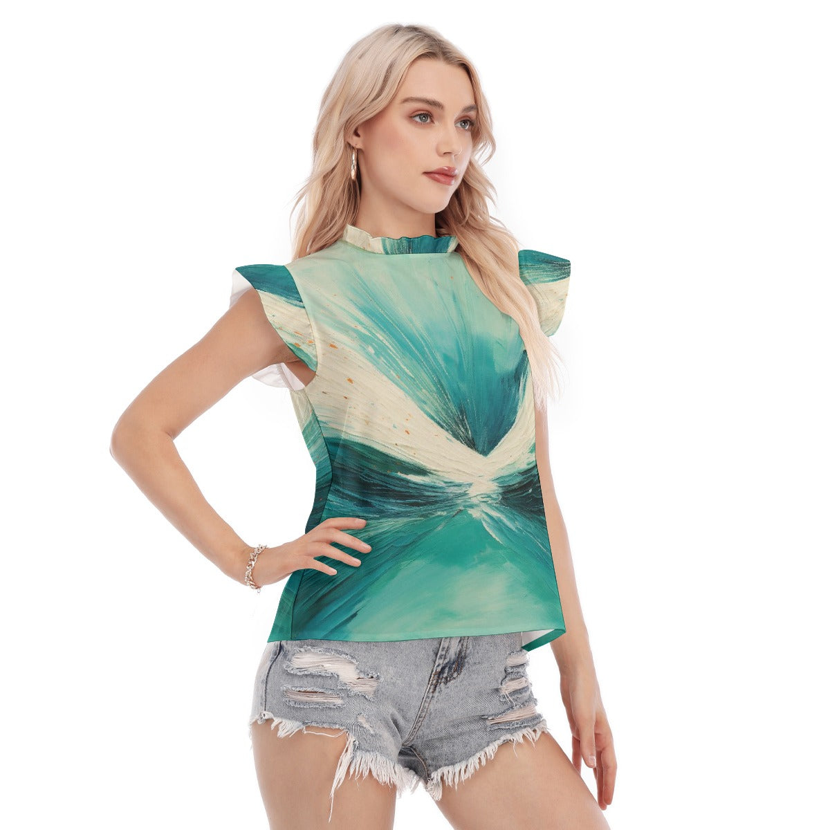 All-Over Print Women's Blouse With Ruffle Collar And Sleeve