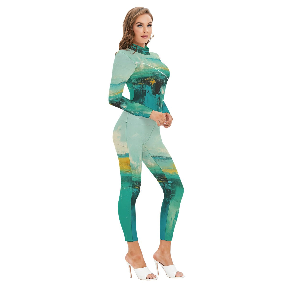 All-Over Print Women's Long-sleeved High-neck Jumpsuit With Zipper