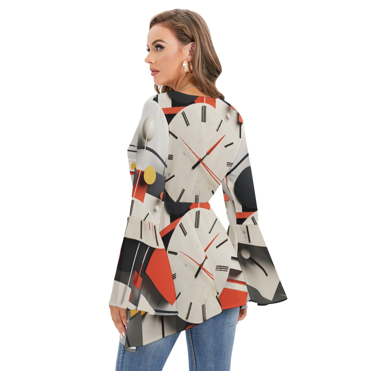 All-Over Print Women's V-neck Blouse With Flared Sleeves