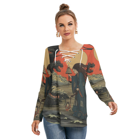 All-Over Print Women's Long Sleeve Neckline Tie Sweatshirt