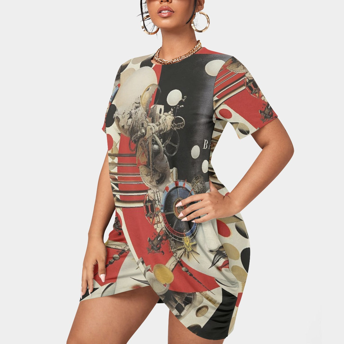 All-Over Print Women’s Stacked Hem Dress With Short Sleeve（Plus Size）