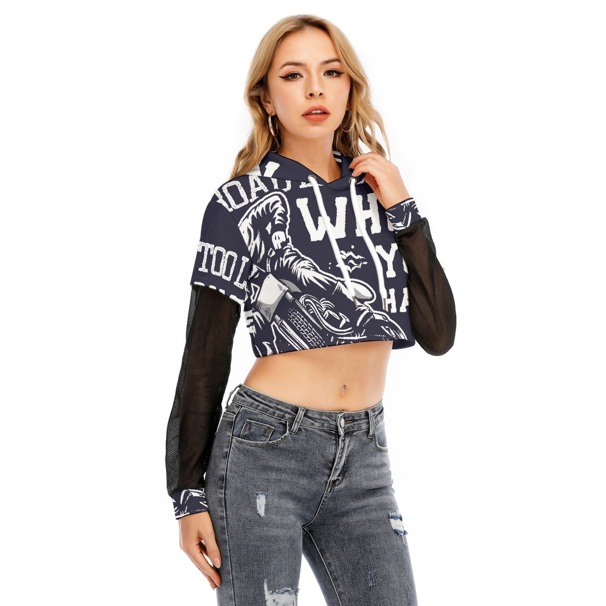 All-Over Print Women's Fake Two-piece Mesh Sleeve Cropped Hoodie