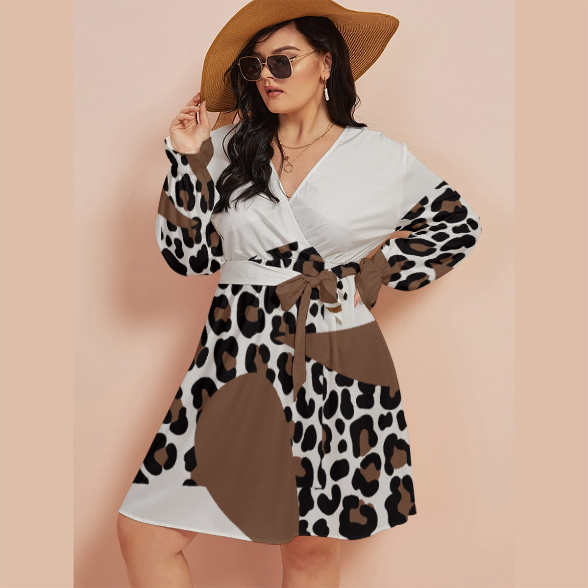 All-Over Print Women's V-neck Dress With Waistband(Plus Size)