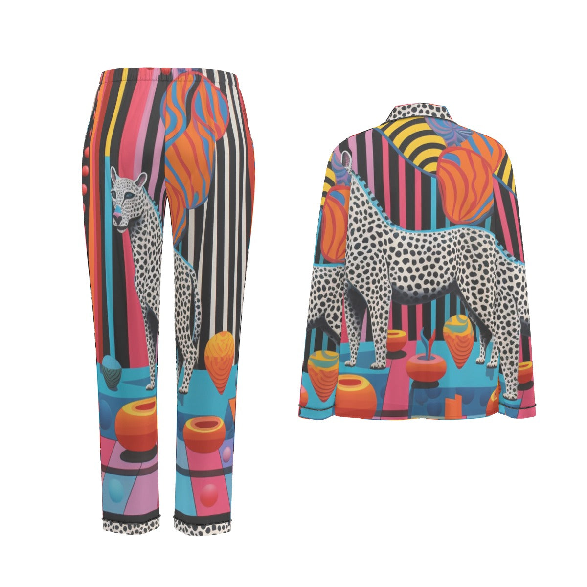 All-Over Print Women's Long Sleeve Pajama Set With Black Contrast Piping