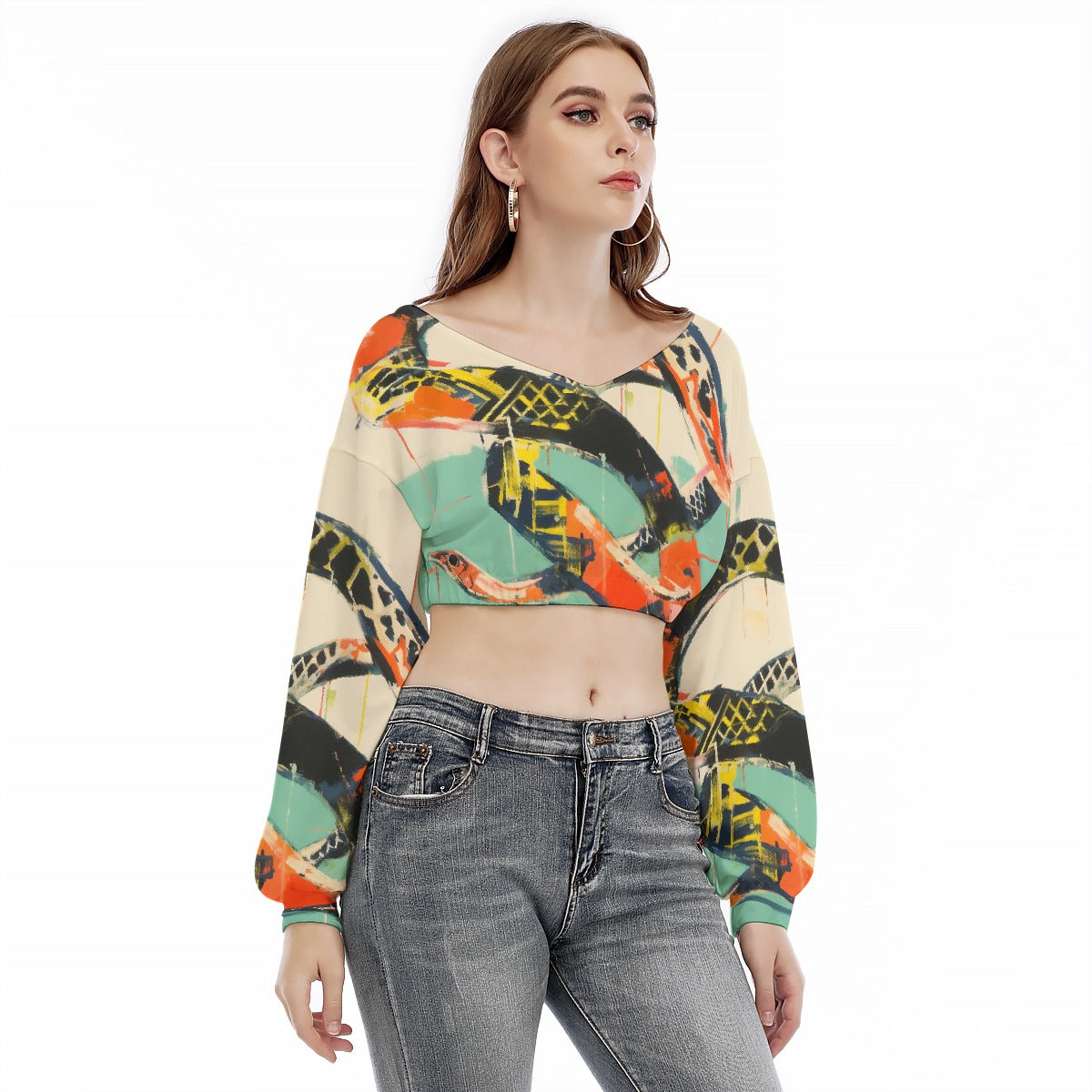All-Over Print Women's V-neck Long Sleeve Cropped Sweatshirt