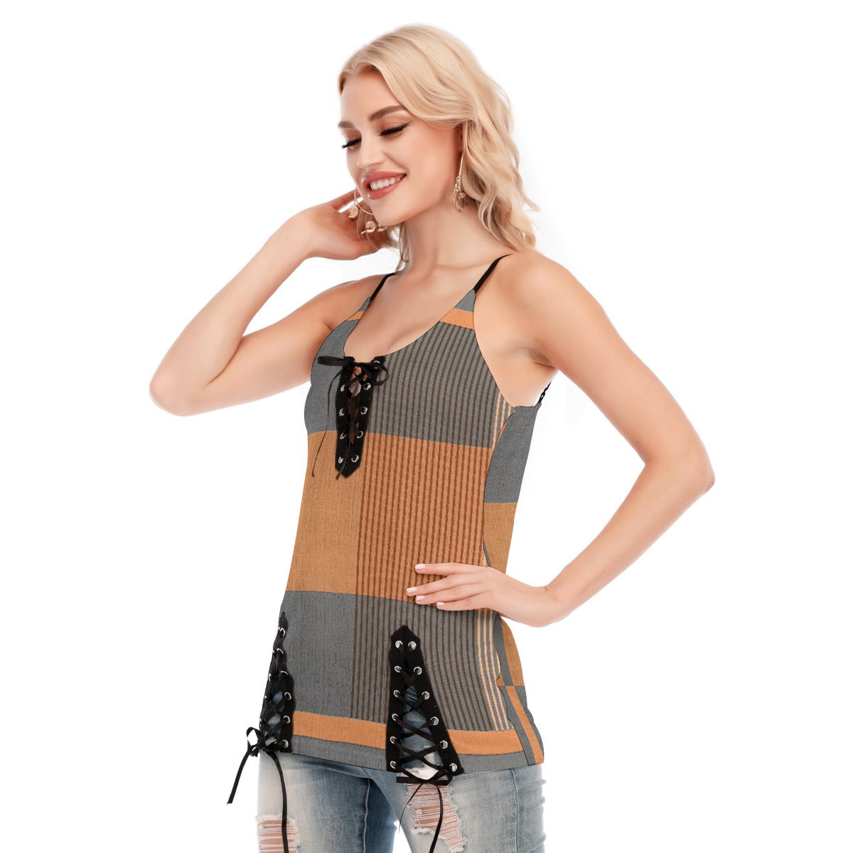 All-Over Print Women's V-neck Eyelet Lace-up Cami Dress